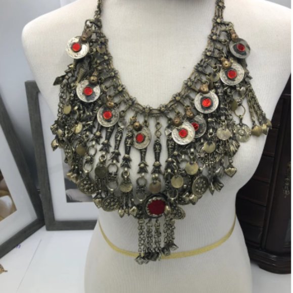 Ethnic Oversized Choker Necklace With Glass Stones and Dangling Tassels - Picture 5 of 6